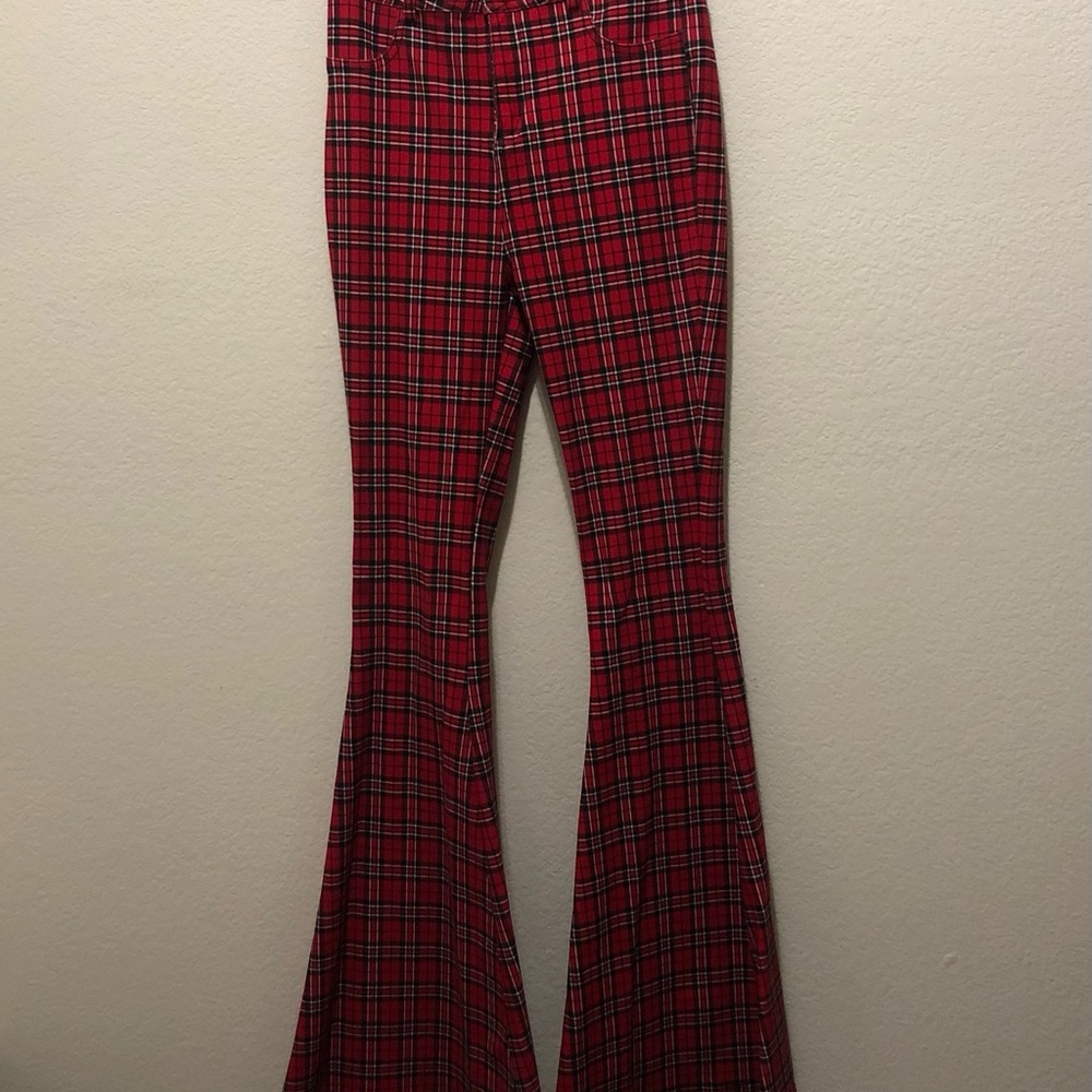 Fashion Nova Women’s Red and Black Plaid Flare Bell Bottom Pants Size Large